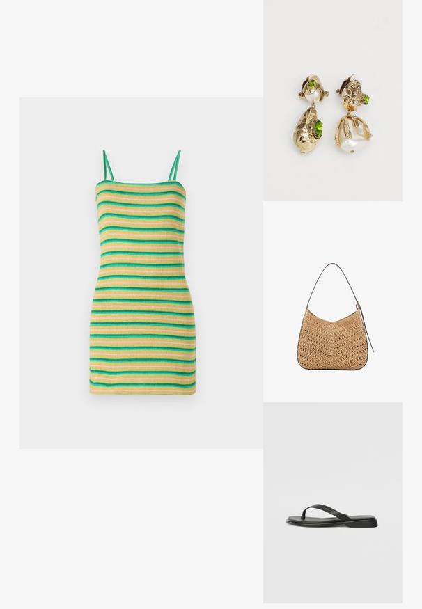 Prugasta haljina s tankim naramenicama, koja ima horizontalne pruge u zelenoj, žutoj i ružičastoj boji. Izrađena od mekog, rebrastog materijala s oblikovanim siluetom.; Crne japanke od glatke kože, s tankim remenčićem i ravnim potplatom minimalističkog profila. Bez značajnih uzoraka ili akcenata.; Tkana torba od slame s zakrivljenim oblikom, s tamnom kožnom trakom i teksturiranom površinom s chevron uzorkom.; Umjetničke naušnice zlatnog tona imaju nepravilne teksturirane oblike, ukrašene zelenim draguljima i bijelim biserima, pričvršćene kopčama za uši.