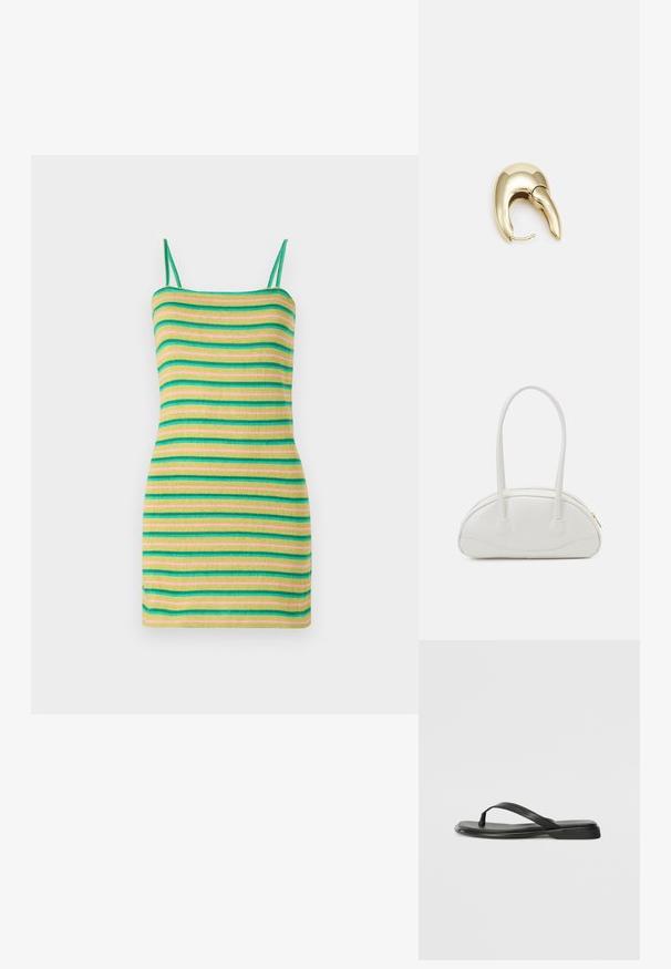 Vestido de rayas con tirantes finos, que presenta rayas horizontales en verde, amarillo y rosa. Hecho de una suave tela acanalada con una silueta ajustada.; Chancla negra de piel suave, con un diseño de tira delgada y una suela plana de perfil mínimo. Sin patrones ni acentos notables.; Even&Odd Bolso de mano - off-white; Pendiente de metal en tono dorado con un diseño elegante y curvado. Presenta una forma puntiaguda distintiva, superficie pulida y cierre de bisagra.