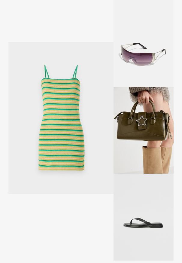 Striped dress with thin straps, featuring green, yellow, and pink horizontal stripes. Made of a soft, ribbed fabric with a fitted silhouette.; Black flip-flop made of smooth leather, featuring a thin strap design and a flat sole with a minimal profile. No notable patterns or accents.; Sunglasses with a large, curved purple lens, silver metal accents, and black temples featuring a logo. Textured details on the frame are visible.; Olive green faux leather handbag with silver star accent, dual handles, and a zip closure. Textured surface and structured shape.