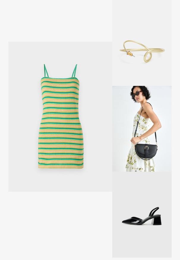 Gestreiftes Kleid mit dünnen Trägern, das grüne, gelbe und pinkfarbene horizontale Streifen zeigt. Hergestellt aus einem weichen, gerippten Stoff mit einer figurbetonten Silhouette.; Schwarze Lackleder-Slingback-High Heels mit spitzem Schuh und einem geometrischen Blockabsatz. Verfügt über ein schlankes, minimalistisches Design und eine glatte Textur.; Schwarze Lederhandtasche mit geschwungener Form, abnehmbarem Tragegurt und goldenen Beschlägen. Die Tasche verfügt über einen Deckel mit einer Schnallen-Details.; Goldfarbener Metallarmreif mit fließendem, geschwungenem Design. Er verfügt an einem Ende über einen kleinen, auffälligen, silberfarbenen Akzent.
