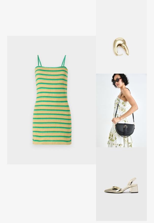Striped dress with thin straps, featuring green, yellow, and pink horizontal stripes. Made of a soft, ribbed fabric with a fitted silhouette.; Gold, metallic slingback heels with a pointed toe and chunky heel. Smooth texture, minimalistic design, and a narrow strap.; Black leather handbag with a curved shape, detachable strap, and gold hardware. The bag features a flap with a buckle detail.; Gold-tone metal earring with a sleek, curved design. Features a distinctive pointed shape, polished surface, and hinge closure.