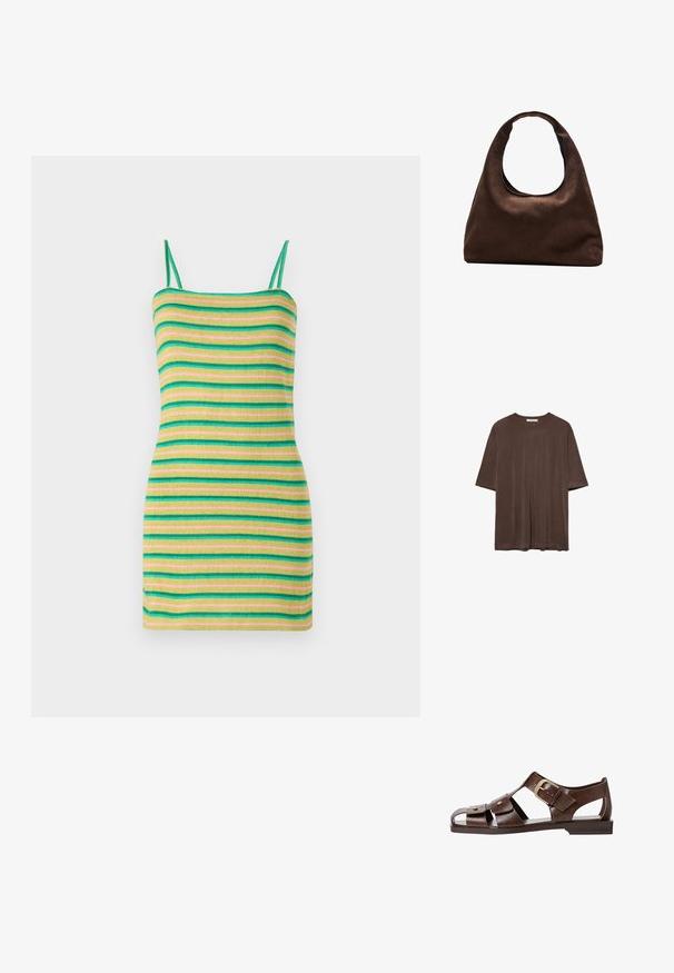 Abito a righe con spalline sottili, caratterizzato da strisce orizzontali verdi, gialle e rosa. Realizzato in un morbido tessuto a coste con una silhouette aderente.; T-shirt marrone a maniche corte realizzato in tessuto morbido, con scollo rotondo e vestibilità comoda. Texture liscia senza motivi o dettagli.; Sandal in pelle marrone con un design a intaglio, cinturino laterale regolabile e suola piatta, con dettagli metallici e punta aperta.; Borsa hobo di un morbido marrone con una sola tracolla larga e un'apertura a manico curvo, esposta su uno sfondo bianco.
