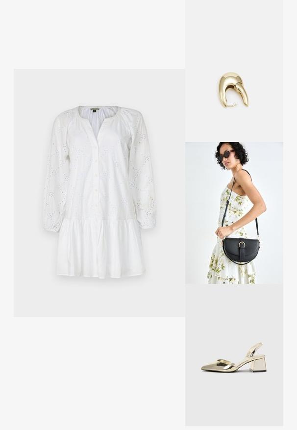 Balta suknelė su ilgomis, pūstomis rankovėmis, sagčių priekyje ir platėjančia apatine dalimi. Apdailinta akies siuvinėjimo raštais visame audinyje.; Auksiniai, metaliniai slingback aukštakulniai bateliai su smailiu pirštu ir masyviu kulnu. Lygus paviršius, minimalizmo dizainas ir siaura juostelė.; Juodas odinis krepšys su išlenkta forma, nuimamu dirželiu ir auksiniais detalėmis. Krepšys turi kilpą su sagtimi.; Aukso tono metalinės auskarai su stilingu, kreiviu dizainu. Išsiskiria ryškiu smailiu pavidalu, poliruota paviršiumi ir užsegimu su vyriu.