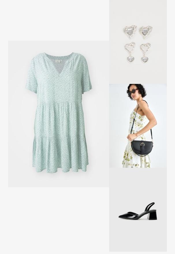 Vestido verde claro com decote em V, mangas curtas e saia em camadas franzida. Apresenta um padrão branco de folhas por todo o vestido.; Sandy em verniz preto com salto slingback, ponta afilada e salto geométrico. Apresenta um design elegante e minimalista com textura suave.; Bolsa de couro preta com forma curva, alça destacável e detalhes em dourado. A bolsa possui uma aba com detalhe de fivela.; Os brincos em forma de coração prateados apresentam pedras claras facetadas, com uma moldura texturizada. O conjunto inclui estilos de botão e de gota.