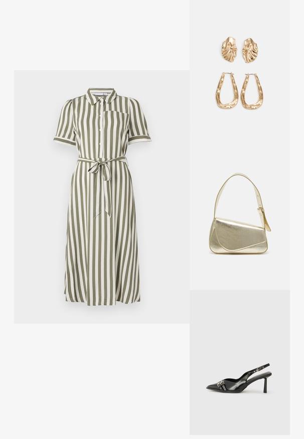 Zeleno-biela pruhovaná midi šaty s krátkymi rukávmi, predným zapínaním na gombíky a viazaným pásom. Obsahuje golier a jednu náprsní kapsu.; Čierne lakované kožené slingback topánky s špicatou špičkou, remienkami okolo členku s striebornými prackami a hardvérom, a štíhlým podpätkom.; Zlatá metalická kabelka so štruktúrovaným dizajnom, hladkou textúrou a nastaviteľným popruhom. Obsahuje jedinečný trojuholníkový tvar a minimalistické šitie.; Náušnice v zlatej farbe s textúrovanými, vlnitými tvarmi. Obsahujú sochárske klipsové náušnice a otvorený tvar krúžku s kladivkovým povrchom.