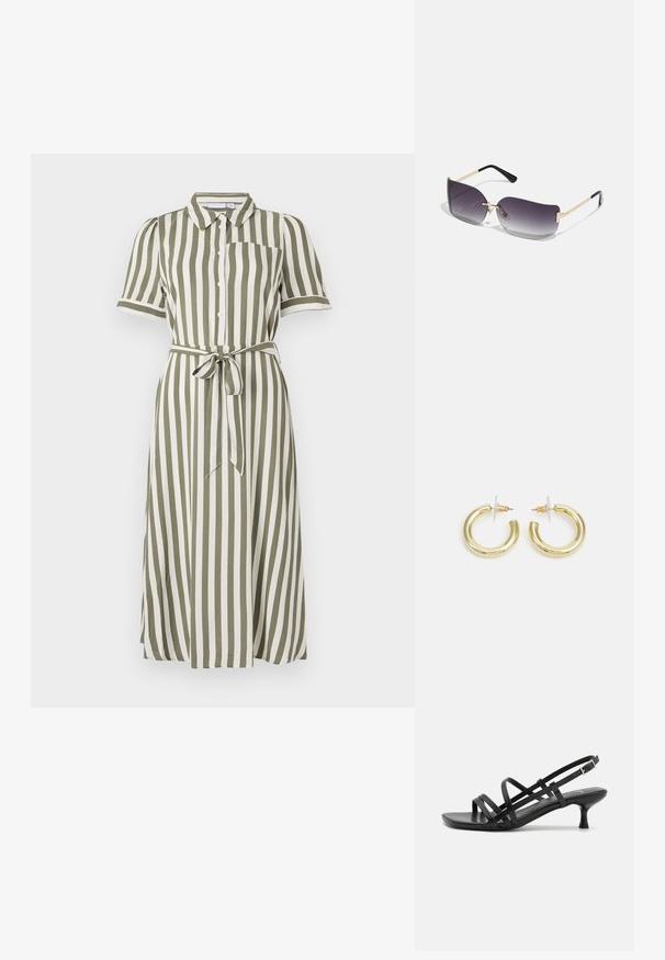 Zöld és fehér csíkos midi ruha rövid ujjakkal, gombos elülső résszel és megkötős derékkal. Hálóval és egyetlen mellzsebbel rendelkezik.; Fekete magassarkú szandálok több keresztben átkötött pánttal. Simább anyag, hegyes orr és keskeny sarok. Állítható bokapánt kapcsos rögzítéssel.; Szürke átmenetes lencséjű napszemüveg, aranyszínű fémkeret és fekete műanyag elemek. Egyedi pillangó alakú lencsék vékony szárakkal.; Arany fülbevalók sima, fényes felülettel. Kör alakú dizájn, amely kis kapoccsal és átlátszó tartozékkal rendelkezik a biztonságos viselés érdekében.