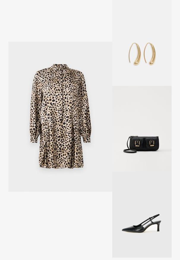 Obleka z leopardjim vzorcem iz gladkega materiala, ki ima zadrgo spredaj, dolge rokave in naborke na krilu s klasičnim ovratnikom.; Črne lakaste slingback pete s koničastim nosom, ki imajo teksturiran vzorec kačje kože, nastavljiv trak in kratek teksturiran blok peto.; Črna usnjena torbica čez ramo z dvema sprednjima žepoma, zlatimi zaponkami, zadrgo in ozkim pasom. Tekstura površine je strukturirana, obliko pa ima kompaktno pravokotno.; Zlato-tonirani kovinski uhani v obliki obroča s krivuljo in podolgovato obliko. Imajo gladko, sijočo površino in zaobljen vrh za dodaten detajl.