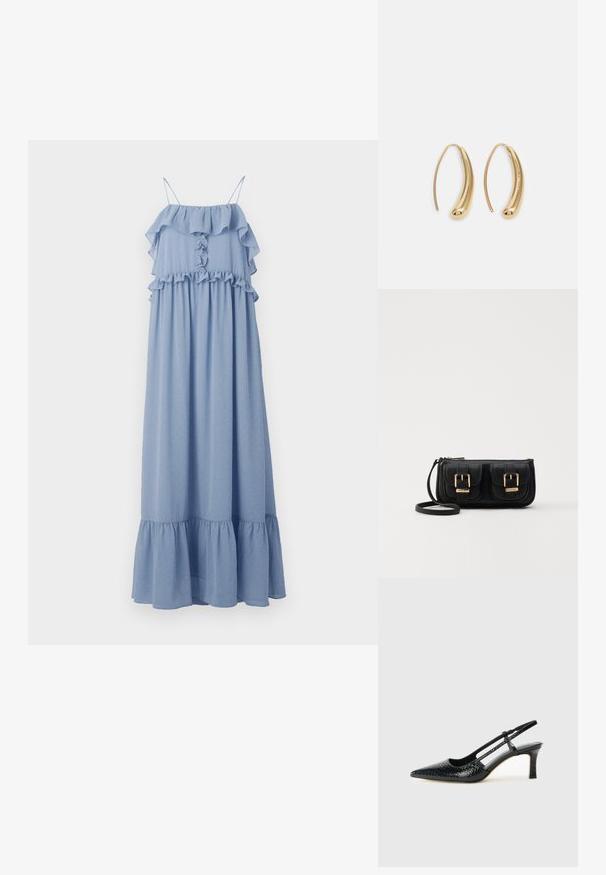 Hofmann Copenhagen CECILY - Maksi suknelė - lavender blue; Juodai lakuoti slingback aukštakulniai su smailiu nosiu, su tekstūruotu gyvatės raštu, reguliuojama juosta ir trumpu, tekstūruotu blokiniu kulnu.; Juodas odinis per petį nešiojamas krepšys su dviem priekiniais kišenėmis, auksiniais sagtimis, užtrauktuko uždarymu ir siauromis petnešomis. Textūruota paviršius ir kompaktiškas stačiakampis formatas.; Auksinės metalinės auskarų kabės su lenktą, pailgą forma. Turi lygų, blizgantį paviršių ir užapvalintą galiuką papildomam akcentui.