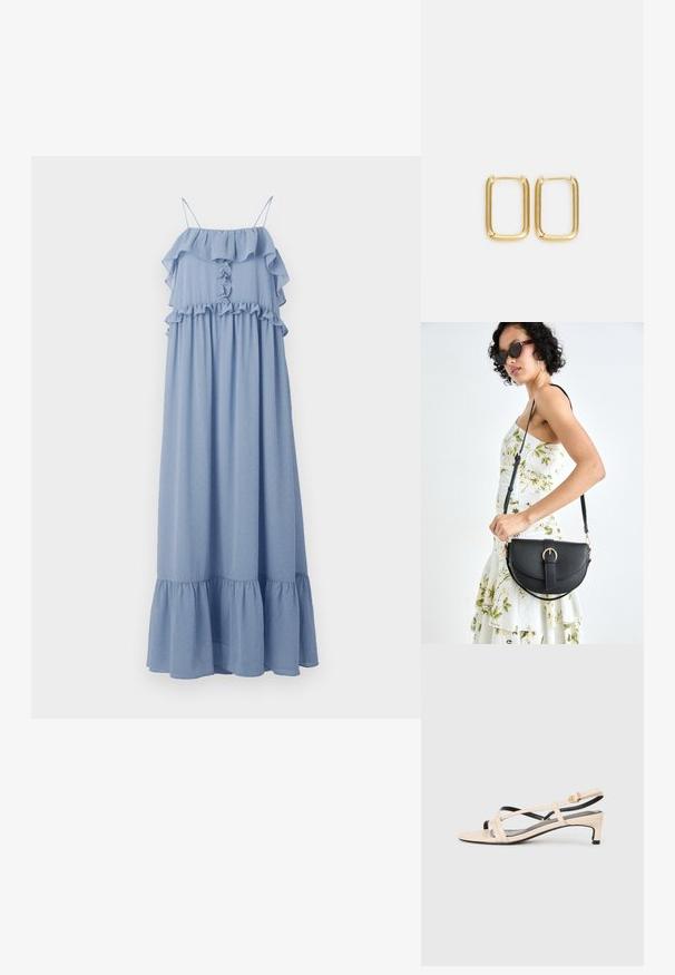 Hofmann Copenhagen CECILY - Dolga obleka - lavender blue; Bežna usnjena sandala s slingbackom z mrežastimi trakovi, nizko peto in črnimi detajli. Gladka tekstura in minimalističen dizajn.; Črna usnjena torbica s ukrivljeno obliko, z odstranljivo naramnico in zlatimi dodatki. Torbica ima pokrov s podrobnostmi v obliki zaponke.; Zlati kovinski uhani v obliki kvadrata z gladkimi robovi in poliranim zaključkom, ki svetijo s sijočo površino.