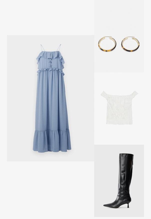 Hofmann Copenhagen CECILY - Vestido comprido - lavender blue; Top branco sem alças com detalhes em babados, textura franzida e cintura elástica. Feito de tecido de algodão macio.; Bota preta de couro até ao joelho com bico fino e salto curvado e esguio. Textura suave, design ajustado e sem elementos metálicos ou padrões visíveis.; Brincos em formato de argola dourada com uma borda exterior em resina com padrão tartaruga, apresentando um acabamento suave e uma forma circular elegante.