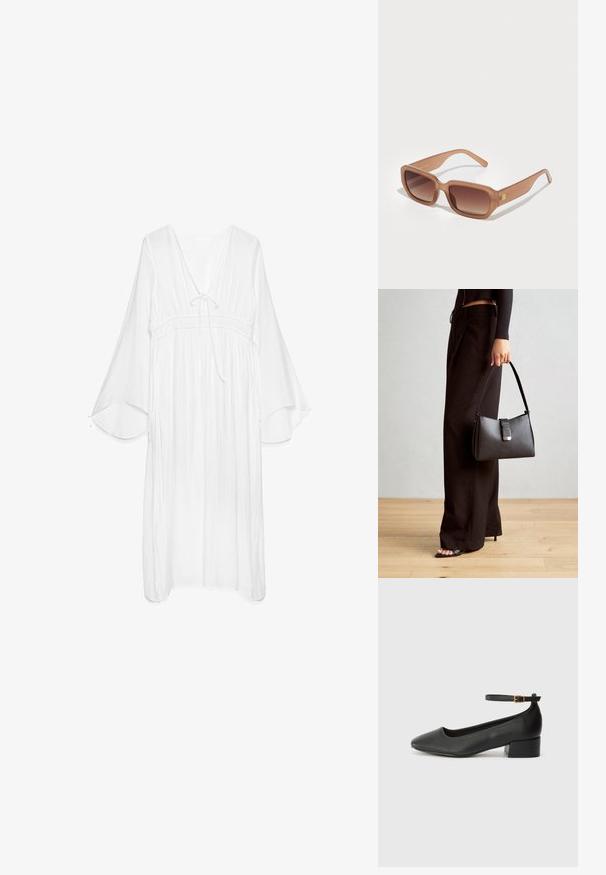Vestido blanco ligero con escote en V, cintura fruncida y mangas de campana sueltas. Tejido texturizado con un detalle de lazo en el cuello.; Zapato de tacón negro de cuero con punta afilada y tacón bajo cuadrado. Presenta una correa para el tobillo con una hebilla en tono dorado. Textura suave.; Gafas de sol rectangulares marrones con lentes en degradé, montura gruesa y un detalle de logo en el lateral. Material de plástico suave, diseño minimalista.; Bolso negro con forma estructurada, textura suave y un cierre metálico. Combinado con pantalones anchos negros y sandalias de dedo en un suelo de madera.