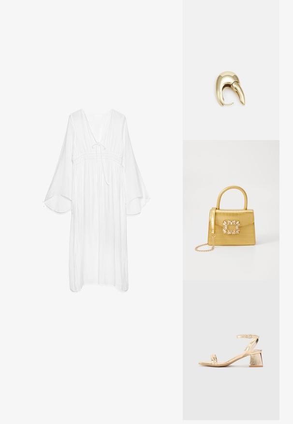 Balts, viegls kleita ar V formas dekoltē, savērtu jostasvietu un plūstošām zvana piedurknēm. Tekstūrēta auduma ar sasienamo detaļu ap kaklu.; Zeltīta metāla augstpapēžu sandale ar stūrveida bloka papēdi, divām siksniņām virs kājas un regulējamu potītes siksniņu. Gluda tekstūra.; Dzeltena mākslīgā krokodila roku soma ar strukturētu dizainu, augšējo rokturi, noņemamu ķēdes siksniņu un dekoratīvām kristāla rotājumiem aizdares daļā.; Zeltīti metāla auskari ar gludu, izliekta dizaina. Ar atšķirīgu smailu formu, pulētu virsmu un eņģu aizdari.