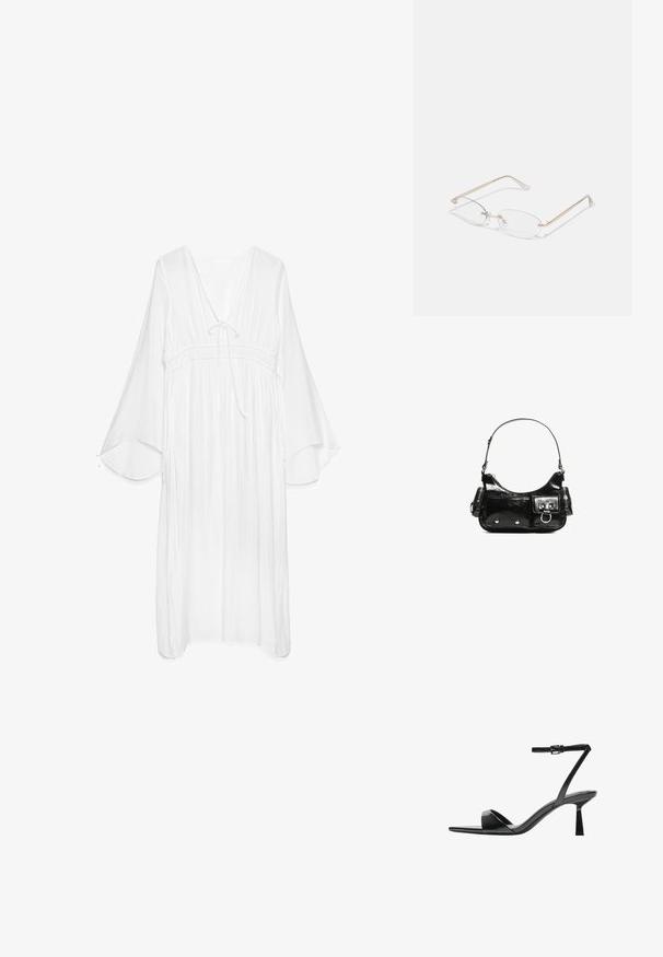 Robe blanche légère avec un décolleté en V, taille froncée et manches cloche fluides. Tissu texturé avec un détail à nouer au cou.; Bershka Sandales à talons hauts - black; Lunettes en métal doré avec des verres ovales, des branches fines et des plaquettes de nez transparentes. Présente des accents subtils sur les charnières et des verres transparents.; Sac à main en cuir verni noir avec une forme incurvée, une bandoulière, des poches avant et des accents en métal argenté.