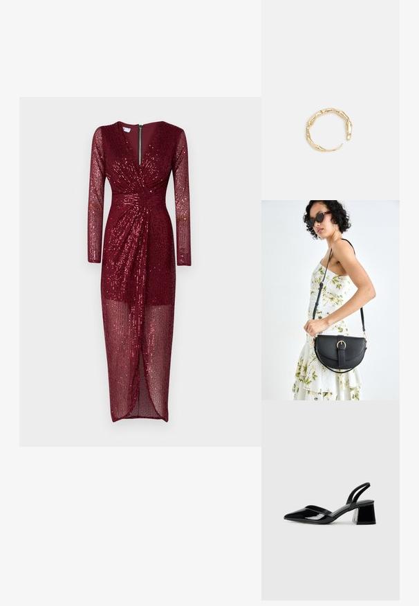 Bordo haljina s gliterima, dugim rukavima, V-izrezom, prednjim zatvaračem i drapiranim, prozirnim suknjom. Ima kroj koji se dobro prilagođava tijelu.; Crne lakirane kožne sandale s otvorenom petom i špicastim vrhom, s geometrijskom blok petom. Imaju elegantan, minimalistički dizajn i glatku teksturu.; Crna kožna torba s lukovitim oblikom, odvojivim remenom i zlatnim detaljima. Torba ima preklop s kopčom.; Prsten u zlatnoj nijansi s organskim, uvijenim dizajnom, glatkom teksturom i suženim krajevima, koji stvara moderan, skulpturalni izgled.