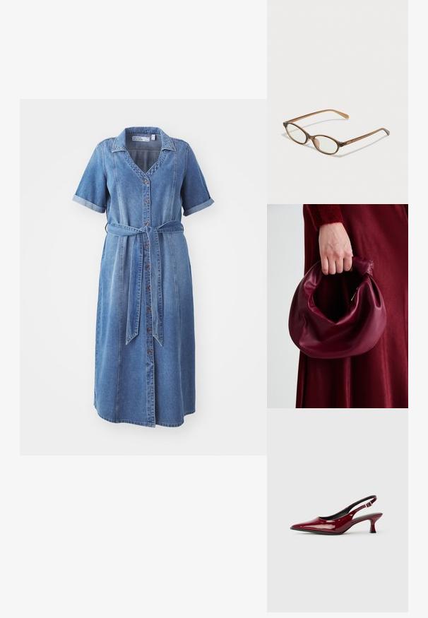 Džinsinė suknelė su trumpomis sukamuosomis rankovėmis, užsegama mygtukais priekyje, ir surišamu liemeniu. Turi apykaklės iškirptę ir šviesiai mėlyną spalvą.; Burgundiško lakuoto odos slingback kulniukai su smailiu smailiu ir elegantišku stiletto kulnu. Atvira nugaros konstrukcija su reguliuojamu kulkšnies dirželiu.; Rudos aukso dėklai su ovaliais lęšiais, plonomis kojelėmis ir skaidriais akcentais. Ant šventyklos yra subtilus logotipas. Plonas, lengvas dizainas.; Bordo odinė rankinė su minkštu, susiraukšlėjusiu dizainu ir apvalia forma. Rankena yra tvirtai pritvirtinta, atskleidžianti lygią tekstūrą.