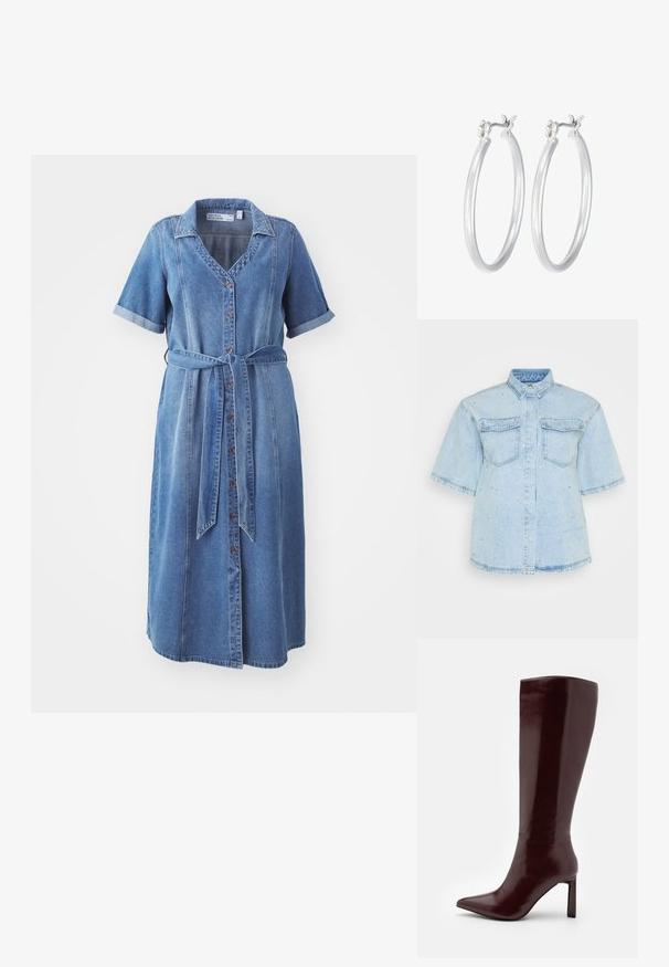 Vestido de mezclilla con mangas cortas y dobles, cierre frontal de botones y cinturón atado en la cintura. Presenta un escote con cuello y un color azul claro.; Camisa de mezclilla azul claro de manga corta, con dos bolsillos delanteros y adornada con pequeños remaches plateados en toda la prenda.; Even&Odd Botas - dark red; Pendientes de aro de plata con un acabado liso y pulido. Forma redonda y cierre de click seguro. Diseño ligero adecuado para el uso diario.