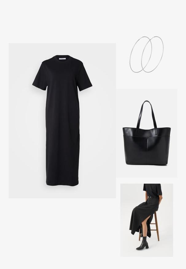 Czarna bawełniana sukienka t-shirtowa z krótkimi rękawami, okrągłym dekoltem i luźnym krojem, sięgająca do połowy łydki. Gładka faktura, bez widocznych wzorów.; Czarna lniana spódnica maxi z wysokim rozcięciem, noszona z czarnym t-shirtem i czarnymi botkami sięgającymi kostek. Minimalistyczny design z luźnym krojem.; Czarna skórzana torba na ramię z dwoma długimi uchwytami, gładką teksturą i sztywną formą. Posiada przednią kieszeń dla dodatkowego przechowywania.; Srebrne kolczyki w formie obręczy o minimalistycznym designie. Okrągły kształt, gładka faktura i cienki profil. Lekkie, z polerowanym wykończeniem.