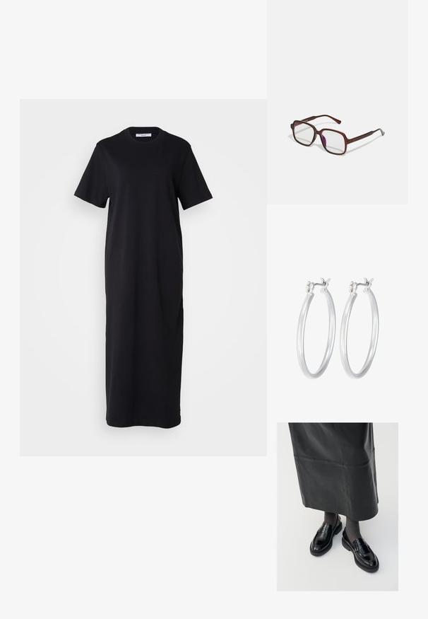 Černé bavlněné šaty s krátkým rukávem, kulatým výstřihem a volným střihem, sahající do poloviny lýtek. Hladký povrch, bez viditelných vzorů.; Černé kožené polobotky s hladkým povrchem, zdobené páskem, s kulatou špičkou a texturovanou podrážkou. Nosené s dlouhou černou koženou sukní.; Hnědé, obdélníkové brýle s průhlednými skly a fialovými odstíny. Hladký plastový rám s rovnými nohami a jemnými akcenty.; Stříbrné kruhové náušnice s hladkým, lesklým povrchem. Kulatý tvar a bezpečné zapínání na klip. Lehký design vhodný pro každodenní nošení.