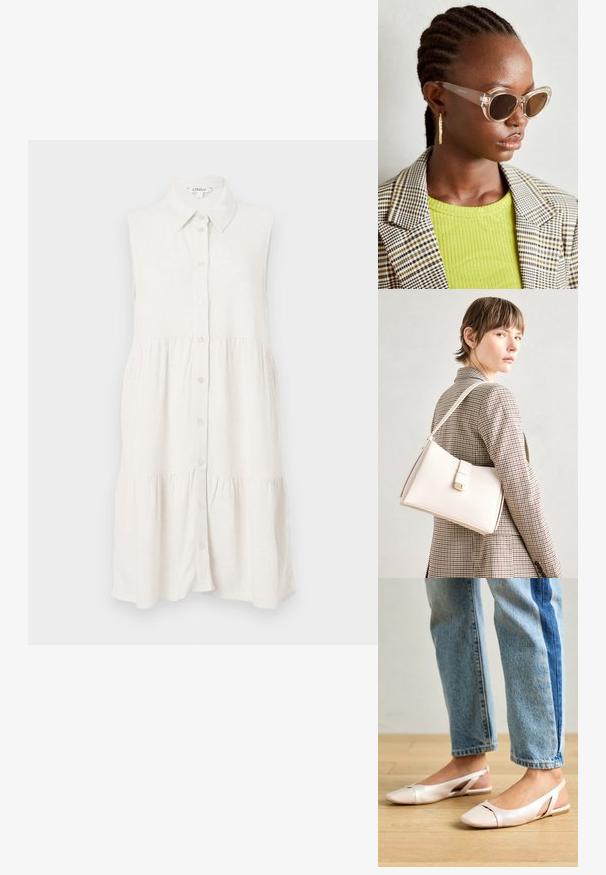 Bezrukávové, košeľové šaty zo svetlého béžového ľanu, s golierom a volánovou sukňou pre uvoľnený strih. Štruktúrovaná látka pridáva jemný detail.; Svetloružové slingback baleríny s jemne špicatou špičkou, vyrobené z hladkého materiálu pripomínajúceho kožu. Majú výrezové detaily na stranách a plochý opätok.; Priehľadné mačacie slnečné okuliare s hnedými šošovkami a prieshľadnými rámami. Modelka s vlečenou zelenou blúzkou a károvaným sako. Zlaté kruhové náušnice.; Biely kožený kabelka so štruktúrovaným dizajnom, s magnetickým uzáverom a ramenným popruhom, vystavená na neutrálnom pozadí.