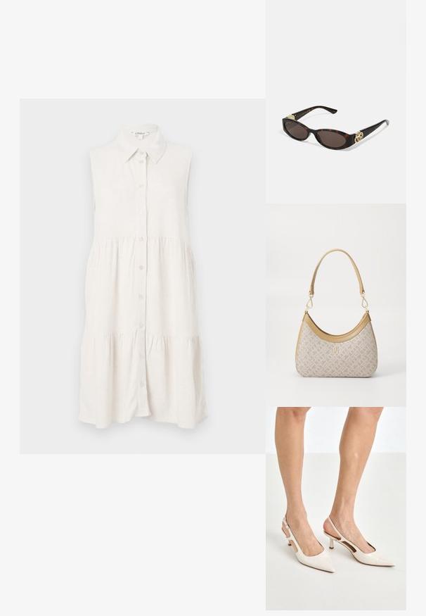 Vestido sin mangas, abotonado, en lino beige claro, con cuello y falda en capas para un ajuste relajado. La tela texturizada aporta un detalle sutil.; Tacones slingback de charol beige con punta afilada y un tacón de 5 cm, con lados recortados y una delgada correa en el tobillo.; Gafas de sol carey con lentes ovalados alargados, tintado marrón, acentos de logo dorado en las patillas y brazos negros elegantes.; Bolso de mano beige con un patrón y forma curva, acentos de cuero y un logo tono dorado en la parte frontal. Cuenta con un asa corta para un fácil transporte.; Collar de perlas y cristales con un diseño redondo y abalorado en tonos suaves, que presenta perlas alternadas y acentos brillantes, llevado alrededor del cuello.