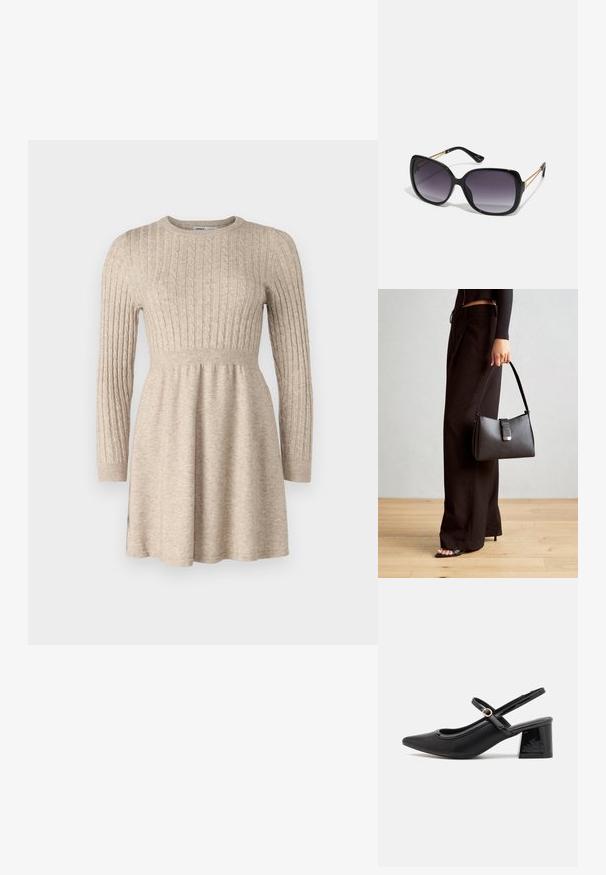 ONLY Petite ONLFIA DRESS - Kampsunkleit - weathered teak; Mustad läikivad nahast slingback-kõrged kontsad, millel on terav nina, ümar lõikekujundus ja blokknina. Omab kuldset nupu aktsenti.; Mustad ümarad päikeseglaasid, millel on gradient objektiivid, paksud raamid ja kuldse tooni kettaga kaunistused tempelitel.; Must musta kott, millel on struktureeritud kuju, sile tekstuur ja metallist klamber. Kombineeritud laiate mustade pükstega ja avatud varvaste sandaalidega puidust põrandal.