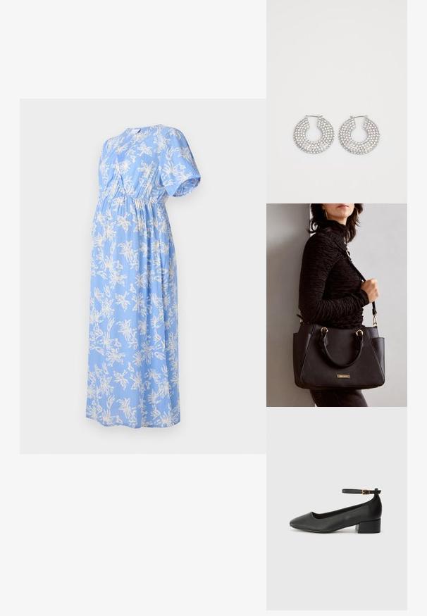 Svetlo modra nosečniška obleka s kratkimi rokavi in belim cvetličnim vzorcem. Ima visok pas in tekoč, teksturiran material.; Črne usnjene pumpice z nazobčanimi prsti in nizko blokasto peto. Imajo trak okoli gležnja z zaponko v zlatem tonu. Gladka tekstura.; Črna torbica z teksturirano površino, z dvema zgornjima ročajema in nastavljivim ramenskim pasom. Ima zlatovrateče dodatke in stranske žepe.; Srebrni obročasti uhani okrašeni z več prozornimi kristalnimi poudarki, ki imajo teksturirano površino in odprto okroglo zasnovo.