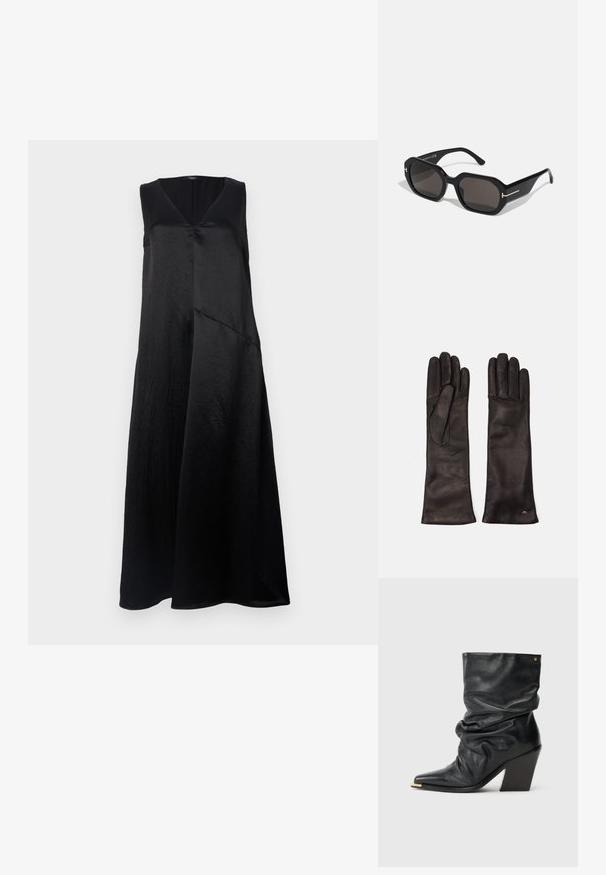 Black sleeveless dress with a V-neck, made of smooth fabric, featuring a relaxed fit and an asymmetrical hem design. Subtle sheen evident.; Black leather ankle boot with a slouchy design, pointed toe, and a tapered heel. Features a gold accent on the toe and smooth texture.; Black octagonal sunglasses with dark tinted lenses. Features a sleek, glossy frame. Thin gold accents on the front and sides enhance the design.; Weekend Max Mara SENAPE - Gloves - nero