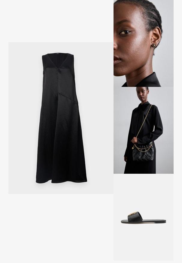 Sort ærmeløs kjole med V-hals, lavet af glat stof, med en afslappet pasform og et asymmetrisk sømdesign. Subtil glans kan ses.; Sorte lædersandaler med åben tå, flad sål og en dekorativ guldfarvet detalje på overdelen. Glat tekstur med minimalt design.; Sort quiltet læderhåndtaske med en samlet top, guldkæde-rem og rektangulær form, holdt mod en ensfarvet baggrund.; Guldblomster-studøreringe har en tekstureret sort midte og delikat detaljer. Modellen har glat hud og fletninger, som er synlige i profil.