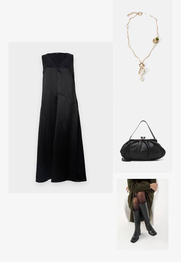 Abito nero senza maniche con scollatura a V, realizzato in tessuto morbido, caratterizzato da una vestibilità rilassata e da un design dell'orlo asimmetrico. Leggera lucentezza evidente.; Stivali neri in pelle alti fino al ginocchio con punta squadrata e tacco a blocco, mostrati con un modello seduto in un cappotto verde oliva. Texture liscia, dettagli minimi.; Borsa a mano in pelle nera con un design arrotondato e plissettato. Presenta una chiusura metallica con due palline decorative e una tracolla sottile e removibile.; Collana dorata con maglie attorcigliate, perle bianche e un accento di pietra verde. Presenta dettagli intricati e una chiusura per l'aggancio.