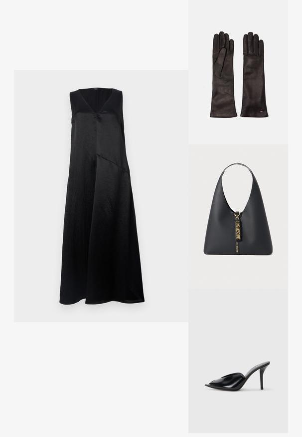 Sort ærmeløs kjole med V-hals, lavet af glat stof, med en afslappet pasform og et asymmetrisk sømdesign. Subtil glans kan ses.; Sorte læder højhælede mules med åbent tådesign, spidse former, glat tekstur og en slank stiletto hæl.; Sort læder skuldertaske med en bred rem, guld hardware, og to hængende mærker præget med "LOVE MOSCHINO" i guld bogstaver.; Weekend Max Mara SENAPE - Handsker - nero