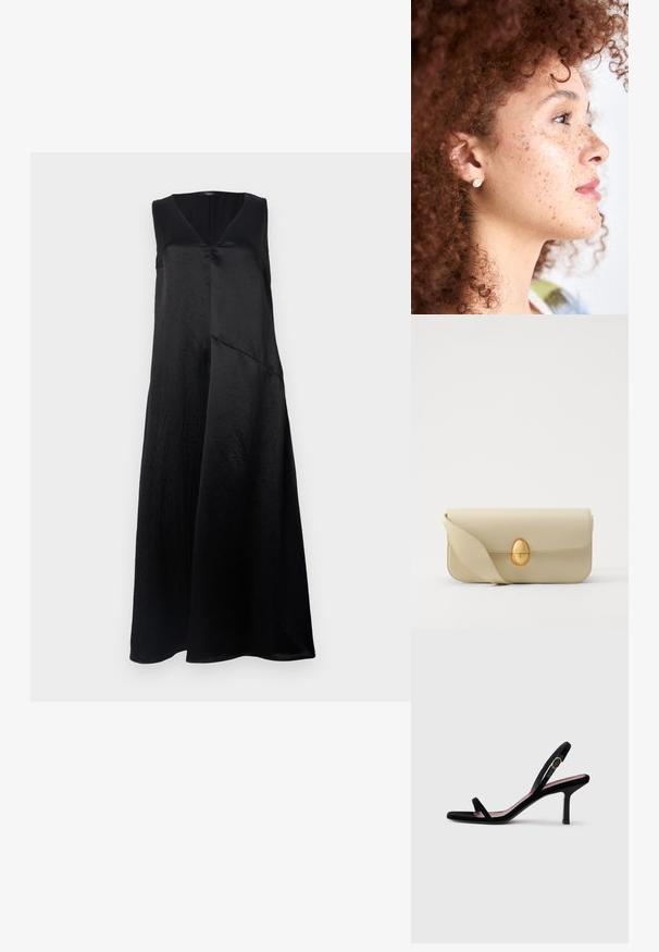 Black sleeveless dress with a V-neck, made of smooth fabric, featuring a relaxed fit and an asymmetrical hem design. Subtle sheen evident.; Black suede women's high-heeled sandal with slim straps and a gold buckle on a white background, side view.; Beige leather handbag with a smooth texture, rectangular shape, and a golden oval clasp. Features a long, adjustable strap.; Gold stud earrings with a circular design, surrounded by small clear stones. Curly, reddish-brown hair and a smooth complexion with freckles.
