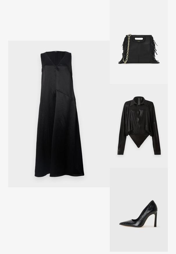 Must mustrõhuta, ilma varrukateta kleit V-kaelusega, valmistatud siledast kangast, millel on mugav lõige ja asümmeetriline äär. Peene läige on nähtav.; Must tooni bodysuit pikad varrukad, V-keres ja stuudiud joontega. Valmistatud läikivast, siledast kangast, millel on konstruktsiooniga krae ja mansetid.; Mustan teravaotsaga kõrge kontsaga king, millel on krokodillimustriga tekstuur, stiilne disain, kõrge stilettokonts ja sile must sisesisustus.; Musta nahk käekott, millel on frantsiisid, kuldne ahelsanga ja lõigatud käepide. Esiosas on logot.