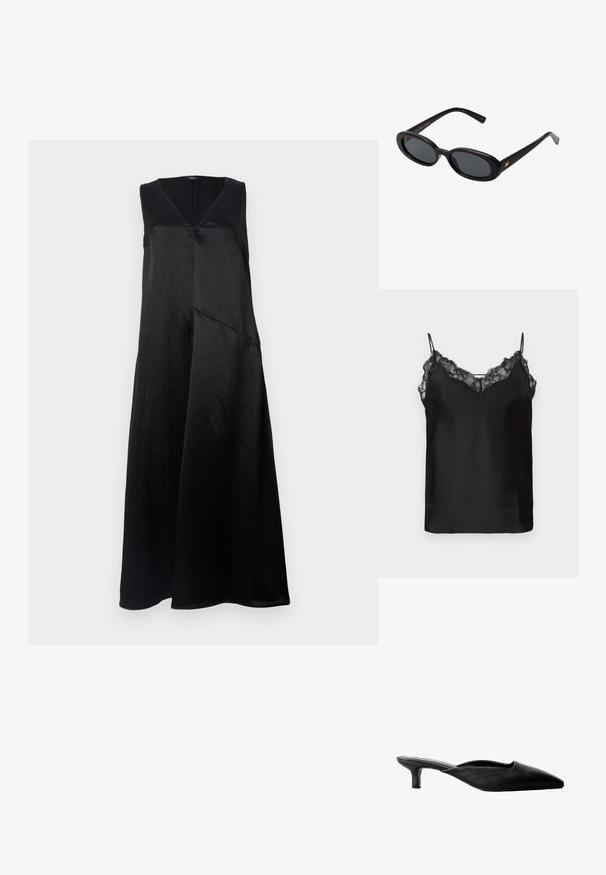 Schwarzes ärmelloses Kleid mit V-Ausschnitt, aus glattem Stoff gefertigt, bietet eine legere Passform und ein asymmetrisches Saaldetail. Dezenter Glanz sichtbar.; Schwarzes Top mit dünnen verstellbaren Trägern, Spitzenbordüre entlang des Ausschnitts und einer glatten Satin-Oberfläche. Einfaches und elegantes Design.; Schwarze Leder-High-Heels mit spitzer Zehenform, offenem Rückenteil und niedrigem Blockabsatz. Glatte Oberfläche mit minimalistischem Design.; Schwarze, oversized Sonnenbrillen mit ovalen Gläsern, glattem Kunststoffrahmen und goldenen Akzenten an den Bügeln. Die dunklen Gläser bieten Sonnenschutz.; Schwarze Lederhandtasche mit glatter Oberfläche, goldenen Beschlägen und schlankem Design. Verfügt über einen dünnen Tragegurt und einenverschluss oben.