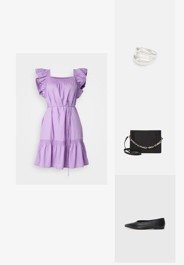 Gap Tall FLUTTER SLEEVE DRESS - Dnevna haljina - lilac surge; Crne kožne balerinke, uski vrh, minimalistički dizajn, glatka tekstura, niska peta, bez vidljivih dodataka ili ukrasa.; Crna kožna torba preko tijela s glatkom teksturom, pravokutnim oblikom i metalnim lancem na prednjoj strani. Uključena je podesiva naramenica.; Srebrna dvostruka prsten s glatkom, poliranom površinom. Karakterizira ga fluidan, zakrivljen dizajn s preklapajućim sekcijama za moderan izgled.