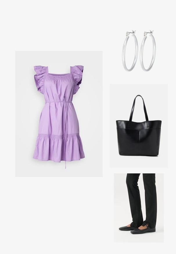 Gap Tall FLUTTER SLEEVE DRESS - Kasdienė suknelė - lilac surge; Juodų odinių balerinų batų su smailiu priekiu, juostele su sidabro sagtimi, derinami su juodomis pritaikytomis kelnėmis, turinčiomis plyšinį hemą.; Juoda odinė rankinė su dviem ilgais diržais, lygiu paviršiumi ir struktūrizuota forma. Yra priekinė kišenė papildomam saugojimui.; Sidabriniai auskarai su sklandžiu, poliruotu paviršiumi. Apvalios formos ir saugus uždarymo mechanizmas. Lengvas dizainas, tinkantis kasdieniam dėvėjimui.