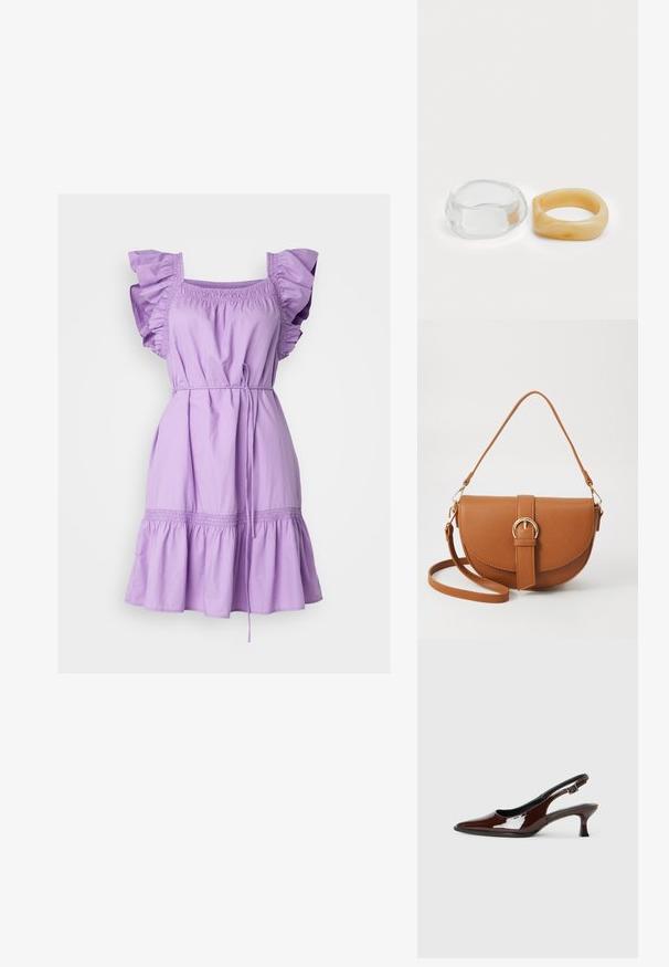 Gap Tall FLUTTER SLEEVE DRESS - Vestido de dia - lilac surge; Sapato slingback em pele sintética castanha com bico pontiagudo e salto moderado. Apresenta uma fivela para um ajuste seguro. Textura suave.; Bolsa transversal de couro castanho com um formato curvado, ferragens douradas e um detalhe de fivela. Inclui uma alça de ombro destacável.; Anéis de resina clara e âmbar, um liso e transparente, o outro com um acabamento texturizado em âmbar. Ambos apresentam designs arredondados e robustos.