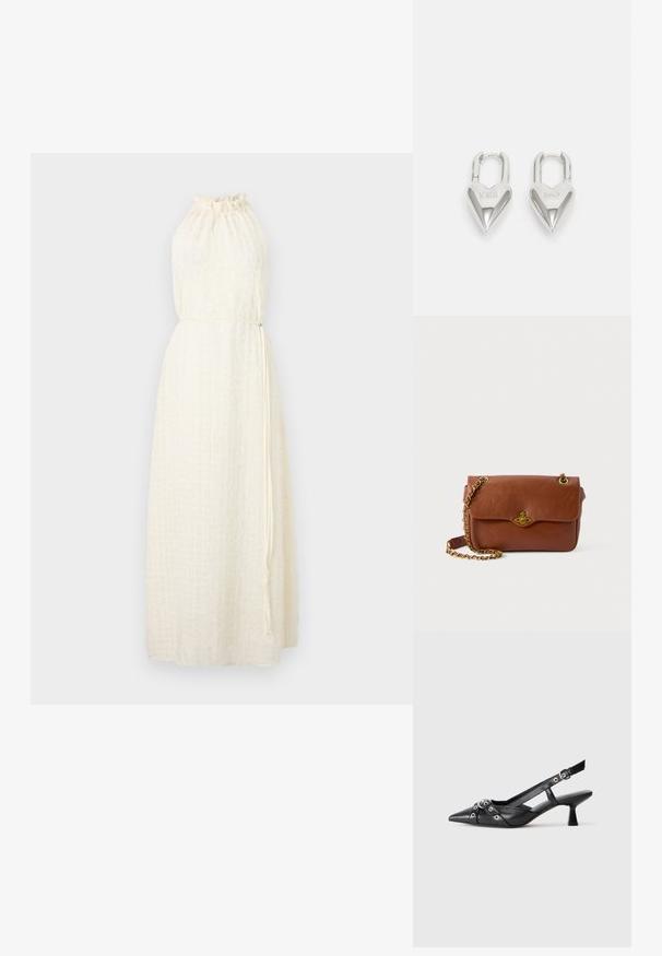 Hofmann Copenhagen MARISOL - Nappali ruha - creme; Fekete bőr slingback cipő hegyes orral, dekoratív pántokkal, fém szemekkel és alacsony blokk sarkú. Texturált felület.; Barna bőr keresztpántos táska hajtószorítással, arany színű fémrészekkel és lánc pánttal. Simább textúra, téglalap alakú, minimális díszítéssel.; Ezüst szív alakú lakatok, amelyeken vésett "IGEN" és "NEM" feliratok találhatók, polírozott felület, szimmetrikus kialakítás és robusztus fémcsat.