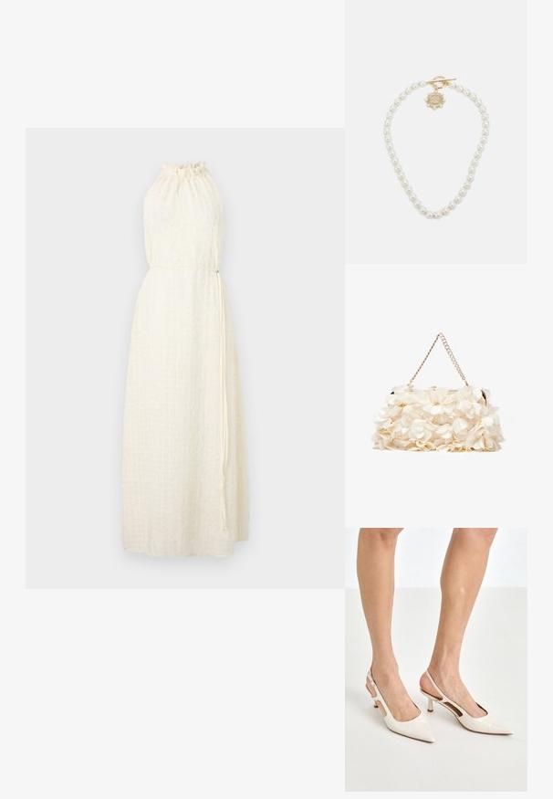 Hofmann Copenhagen MARISOL - Denní šaty - creme; Béžové lakované lodičky na podpatku s špičatou špičkou a 5 cm podpatkem, se vykrojenými boky a tenkým kotníkovým páskem.; Bílá květinová kabelka s nabraným textilním povrchem, řetízkovým popruhem ve zlatém tónu a kovovým zámkem. Disponuje texturovanými okvětními lístky pro větší detail.; Lauren Ralph Lauren COLLAR - Náhrdelník - gold-coloured/white