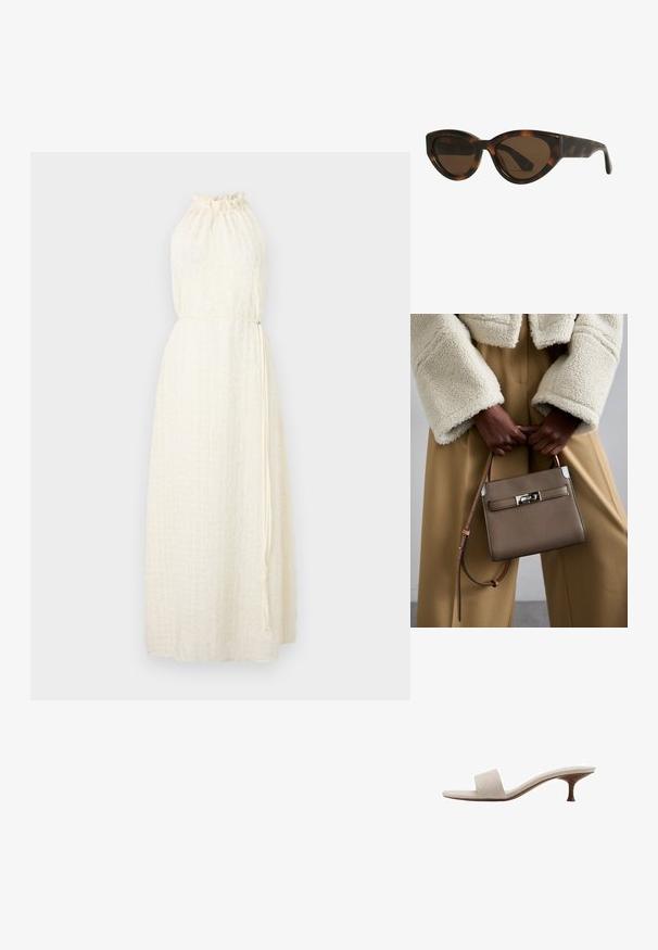 Hofmann Copenhagen MARISOL - Freizeitkleid - creme; Fersenlose Sandale mit einem Obermaterial aus beigem gewebtem Stoff, offener Zehenpartie und geschwungenem Holzmittelsohle. Das Design zeichnet sich durch eine glatte Textur und eine minimalistische Form aus.; Schildpatt-farbene Cat-Eye-Sonnenbrille mit braunen Gläsern, ausgestattet mit glatten, glänzenden Kunststoffrahmen und einem eleganten Design. Keine sichtbaren Logos oder Akzente.; Tory Burch RADZIWILL COLOR-BLOCK PEBBLED PETITE DOUBLE BAG - Handtasche - wild mushroom