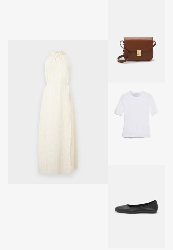 Hofmann Copenhagen MARISOL - Dnevna haljina - creme; Bijela majica s kratkim rukavima izrađena od rebraste tkanine. Okrugli izrez, klasičan kroj i suptilni detalji šivanja. Bez uzoraka ili grafika.; Crne kožne baletanke s zaobljenim vrhom, glatke teksture, minimalnim detaljima šavova i fleksibilnim dizajnom potplata.; Smeđa kožna torba s preklopom, zlatnim detaljima, remenom za nošenje preko ramena i glatkom teksturom. Kompaktni pravokutni oblik.