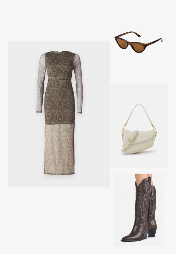 Vestido longo e justo com mangas longas transparentes; tecido texturizado em castanho e bege com um padrão em degradê; gola redonda; design liso e em camadas.; Botas de cowboy em couro castanho com bico pontudo e salto quadrado, apresentando costuras detalhadas e realces elevados no cano.; Óculos de sol estilo gato com uma armação em tartaruga preta e laranja, lentes castanhas e pontas elegantes e pontiagudas. Apresenta um logo minimalista na haste.; Pequena bolsa de creme com um acabamento texturizado, uma alça longa ajustável, um detalhe em corrente e um fecho de aba. Detalhes em hardware dourado.