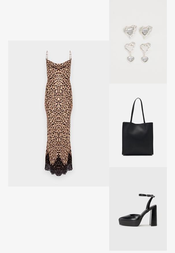 Vestido de padrão leopardo em bege e preto, com alças finas e barra de renda. Feito de um material suave com uma silhueta ajustada.; Saltos altos pretos com bico fino e atilho ajustável no tornozelo. Confeccionados em couro suave, apresentam um salto bloco robusto.; Bolsa tote preta em couro com textura lisa, forma retangular e duas alças longas. Sem hardware ou enfeites visíveis.; Os brincos em forma de coração prateados apresentam pedras claras facetadas, com uma moldura texturizada. O conjunto inclui estilos de botão e de gota.