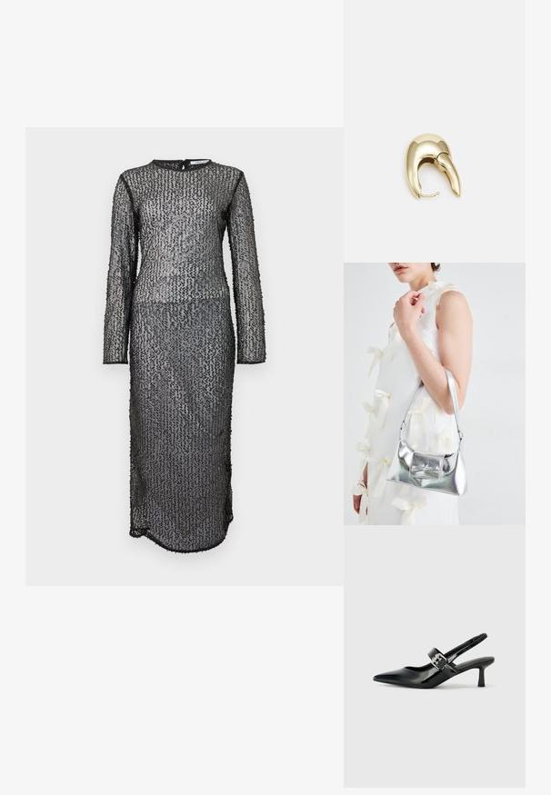 Černé dlouhé šaty s dlouhým rukávem, vyrobené z texturovaného průsvitného materiálu, který má na sobě flitry v geometrickém vzoru a zapínání na zip na zadní straně.; Černé lakované boty na podpatku typu slingback s špičatou špičkou a malým blokovým podpatkem, které mají na pásku stříbrný přezkový akcent.; Stříbrná kovová kabelka se strukturovaným tvarem, s horním držadlem a detailem v podobě mašle na přední straně. Hladký povrch, reflexní lesk.; Náušnice ve zlatém tónu z kovu s elegantním zakřiveným designem. Vyznačují se jedinečným špičatým tvarem, lesklým povrchem a závěsem na kloub.