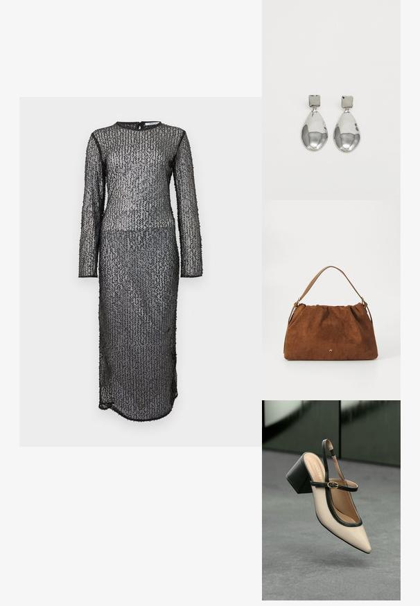 Juoda, ilgomis rankovėmis, grindis siekianti suknelė su tekstūruotu, permatomu audiniu, puoštu geometriniu raštu iš blizgučių, ir su užtrauktuku gale.; Smėlio spalvos aukštakulniai atviri bateliai su smailia nosyte, juodomis apvadomis ir sagties detalėmis. Lygus matinio paviršiaus medžiaga, vidutinio aukščio storu kulnu.; Ruda zomšos rankinė su susiraukšlėjimu, turinti vieną šviesiai rudos odos rankeną ir subtilų auksinį logotipo detalę priekyje.; Sidabriniai lašo formos auskarai su kvadrato formos auskaru, turintys lygų, poliruotą paviršių ir ašarėlės formą, atsispindintys šviesoje su blizgiu paviršiumi.