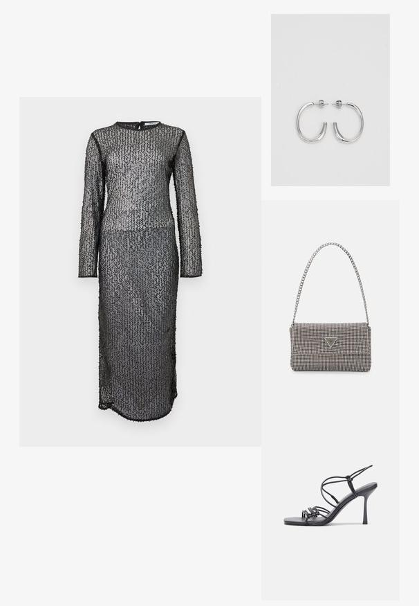 Juoda, ilgomis rankovėmis, grindis siekianti suknelė su tekstūruotu, permatomu audiniu, puoštu geometriniu raštu iš blizgučių, ir su užtrauktuku gale.; Juodos aukštakulnės sandalai pasižymi plonyčiais dirželiais su mazgo dizainu, lygiu kvadratiniu pirštu ir elegantišku stiletto kulnu.; Šviesiai pilka metalinė rankinė su grandinėlės dirželiu, papuošta mažais apvaliais metaliniais smeigėmis ir trikampiu prekės ženklu.; Sidabrinės auskarai žiedai su lygiu, blizgiu paviršiumi. Suapvalinta forma, lengvas dizainas, su uždarymu ant smeigtuko.
