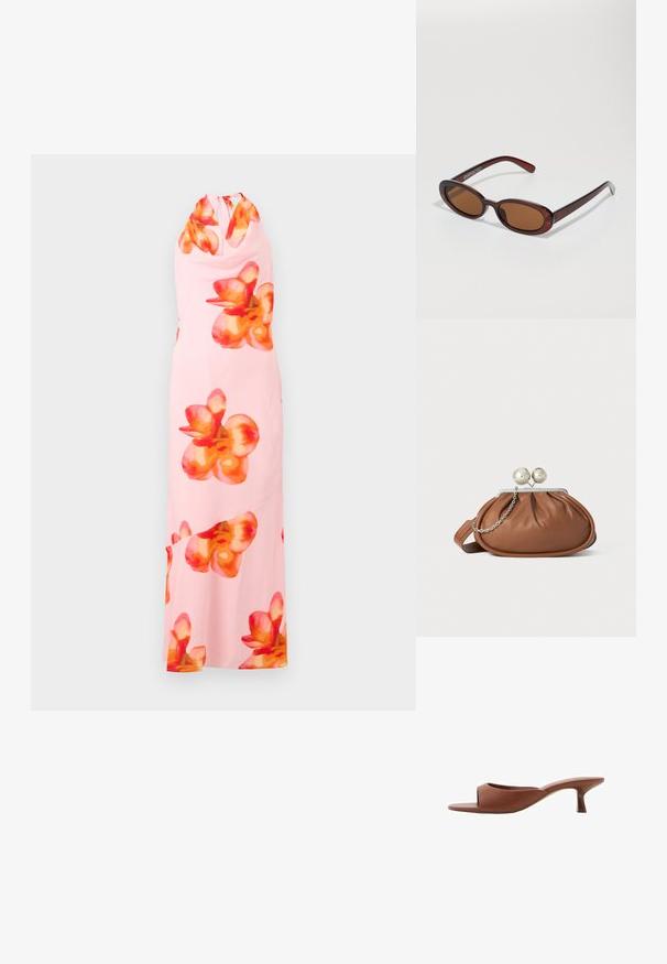 Maxi obleka brez rokavov iz mehke roza tkanine, ki se ponaša z velikimi, živahnimi oranžnimi in rdečimi cvetličnimi motivi. Oblika z vrvico okoli vratu in ključavnico na hrbtni strani.; Rjave odprte sandalje s peto z gladko, mat površino, ki imajo ukrivljen dizajn in prozorno, zoženo peto.; Okrogle, rjavo obarvane sončne naočare z sijočim burgundskim okvirjem. Tanek nosilec s subtilnim logotipom. Oblika leč je ravna.; Rjava usnjena torbica z srebrnim krogličnim zapiranjem in majhno srebrno verigo na beli podlagi.