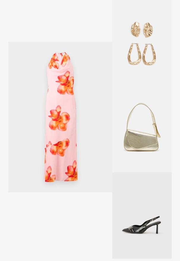 Hihaton maksimekko pehmeästä vaaleanpunaisesta kankaasta, jossa on suuria, eläviä oransseja ja punaisia kukkakuoseja. Kaulanauha-malli avokselta.; Musta patenttinen nahkainen slingback-kengät, joissa on terävä nenä, nilkkahihnat hopeisilla soljilla ja varusteilla sekä hoikka korko.; Kultainen metallinen käsilaukku, jossa on jämäkkä muotoilu, sileä pinta ja säädettävä olkahihna. Sisältää ainutlaatuisen kolmiomaisen muodon ja minimalistisen tikkaustyylin.; Korukultainen korvakorut, joissa on teksturoituja, aaltoilevia muotoja. Mukana on veistokselliset klipsikorvakorut ja avoin rengasmalli, jossa on vasaroitu pinta.