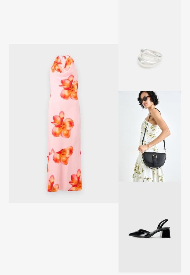 Varrukaeta maksikleidi pehme roosas kangas, millel on suured, erksad oranžid ja punased lillemustrid. Kinnitatud kaela disain ning lukuga selg.; Mustad musta lakknahk kingad, millel on terav varvas ja geomeetriline plokkkonts. Omab elegantselt minimalistlikku disaini ja sujuvat tekstuuri.; Mustmust mustraha kõverate joontega, eemaldatava rihmaga ja kuldsete detailidega. Kotil on klapp, millel on pandladetail.; Hõbedane kahekordne rõngas sujuva, poleeritud pinnaga. Omab voolavat, kõverat disaini, millel on kattuvad sektsioonid, et saavutada kaasaegne ilme.