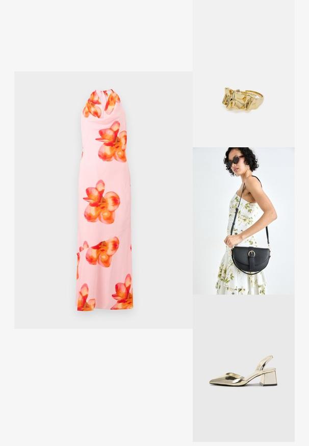 Sleevetøs maxi kjole i blød pink stof, med store, livlige orange og røde blomsterprints. Halterneck-design med en nøglehul-ryg.; Guld, metalliske slingback-hæle med spids tå og kraftig hæl. Glat tekstur, minimalistisk design og en smal strop.; Sort læderhåndtaske med en buet form, aftagelig rem og guldfinish. Tasken har en klap med en spænde detalje.; Guldring med tekstureret, bølget design, der har tre fremtrædende toppe. Glat, skinnende overflade med en åben ring, der gør den justerbar.