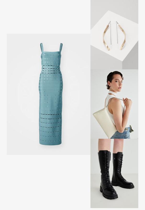 Türkiissinine ilma varrukateta kleit, millel on horisontaalsed ja vertikaalsed lõiked koos metallsete aktsentidega, kohandatud keha lähedusega siluetti.; Mustast nahast kuni põlveni ulatuvad saapad, millel on nööridega ette side, külgzipper, jäme kummist tald ja tekstureeritud detailid peal.; Valge ristkülikuline kotti, mis on valmistatud läikivast materjalist, hõbedase ahelsangaga. Mudel poseerib, tutvustades kotti ühtlase taustaga.; Kulla- ja hõbedased ripatsid kõrvarõngad, millel on kõver, piklik kuju. Läikiv viimistlus koos sujuva tekstuuri ja minimalistliku kujundusega.